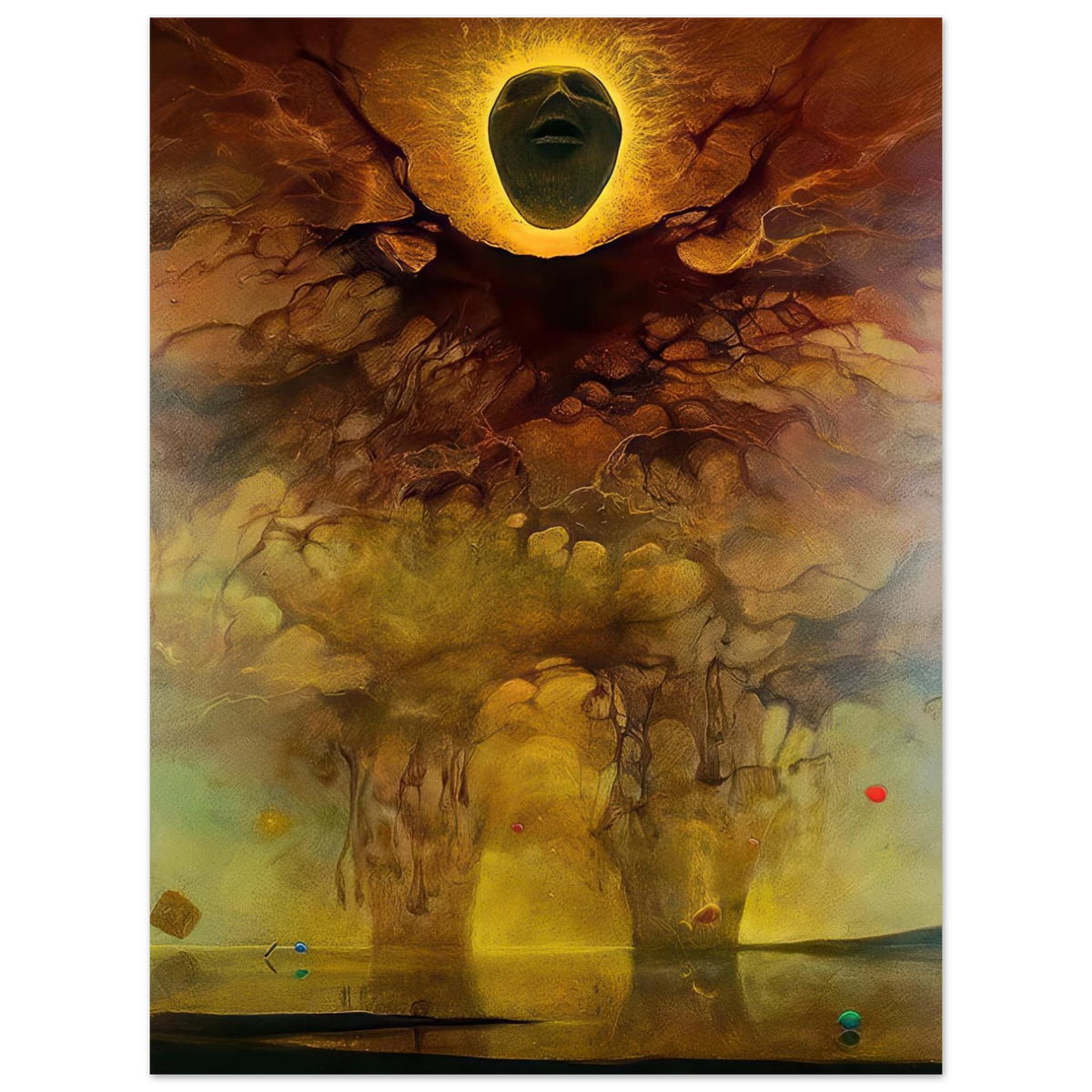 Zdzisław Beksiński Untitled surreal face poster featuring a dark floating face surrounded by a glowing golden halo above an abstract dreamlike landscape.