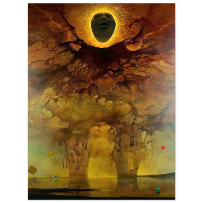 Zdzisław Beksiński Untitled surreal face poster featuring a dark floating face surrounded by a glowing golden halo above an abstract dreamlike landscape.