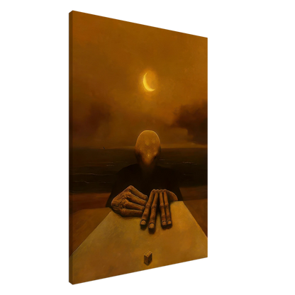 Zdzisław Beksiński Faceless Figure canvas print featuring a mysterious seated humanoid with elongated skeletal hands, a small die, and a glowing crescent moon in an amber sky.