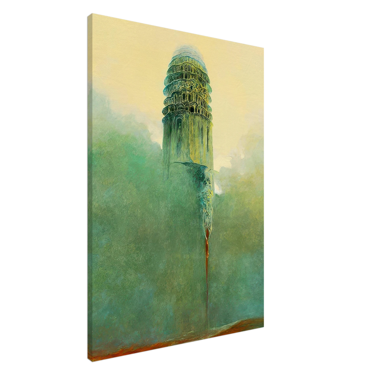 Zdzisław Beksiński dark fantasy painting featuring a towering green stone monument with ornate architectural details, weathered textures, and an eerie fog-covered landscape.