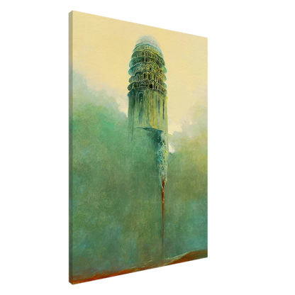 Zdzisław Beksiński dark fantasy painting featuring a towering green stone monument with ornate architectural details, weathered textures, and an eerie fog-covered landscape.