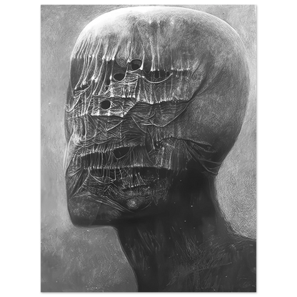 Zdzisław Beksiński Veiled Skull poster featuring a black-and-white human-like head with hollow facial openings, intricate web-like textures, and haunting surreal details.
