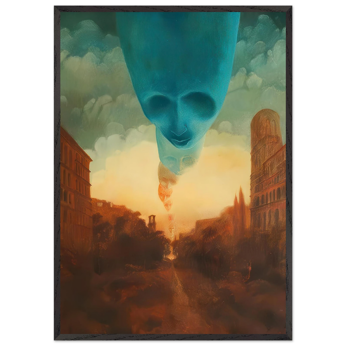 Zdzisław Beksiński Floating Faces framed print showing a monumental turquoise face above a mysterious reddish-brown cityscape with smaller floating faces.