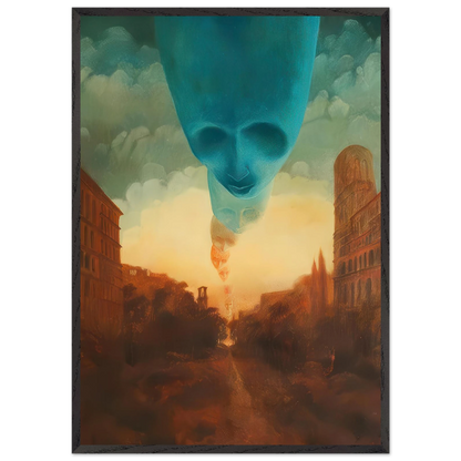 Zdzisław Beksiński Floating Faces framed print showing a monumental turquoise face above a mysterious reddish-brown cityscape with smaller floating faces.