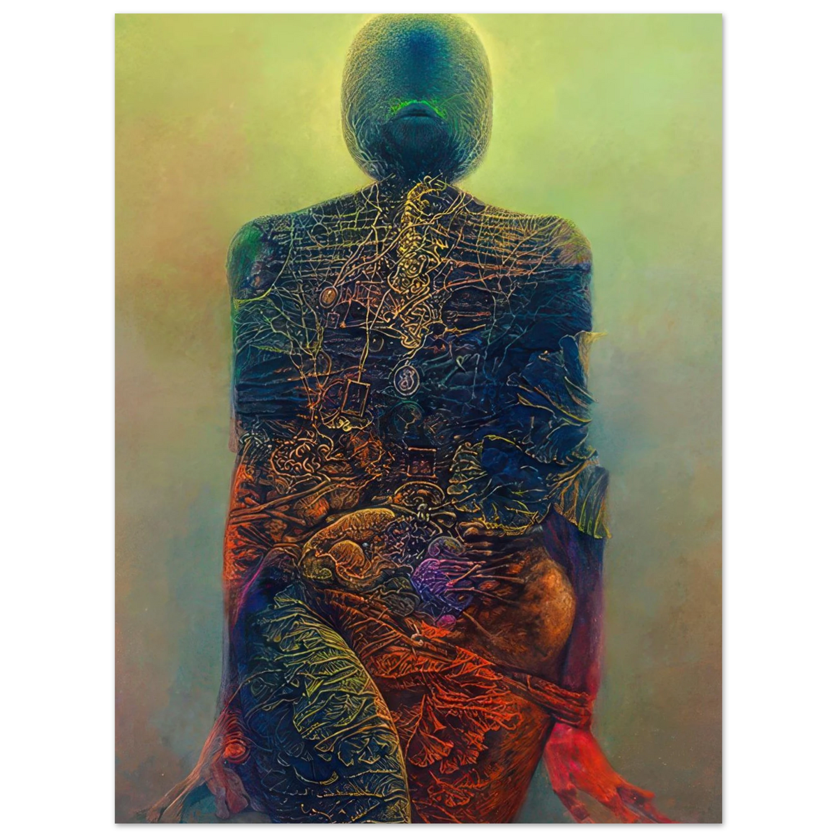 Zdzisław Beksiński surreal artwork depicting a faceless humanoid figure with intricate skeletal and organic textures in vivid blue, green, red, and orange tones.