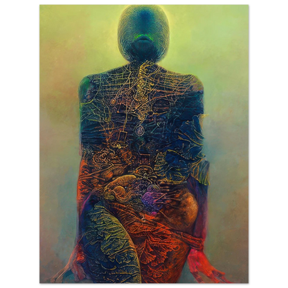 Zdzisław Beksiński surreal artwork depicting a faceless humanoid figure with intricate skeletal and organic textures in vivid blue, green, red, and orange tones.