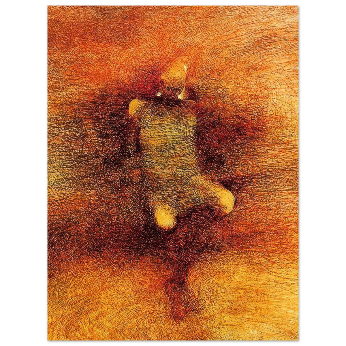 
Zdzisław Beksiński Golden Organic Form poster featuring a mysterious abstract biological shape surrounded by intricate crimson and amber lines against a textured golden-orange background.
