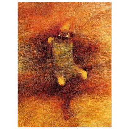 
Zdzisław Beksiński Golden Organic Form poster featuring a mysterious abstract biological shape surrounded by intricate crimson and amber lines against a textured golden-orange background.
