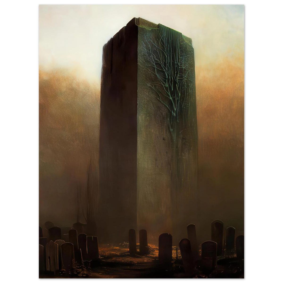 Zdzisław Beksiński Cemetery Monolith poster depicting a towering dark rectangular monument with tree-like branches above a shadowy graveyard in a misty golden landscape.
