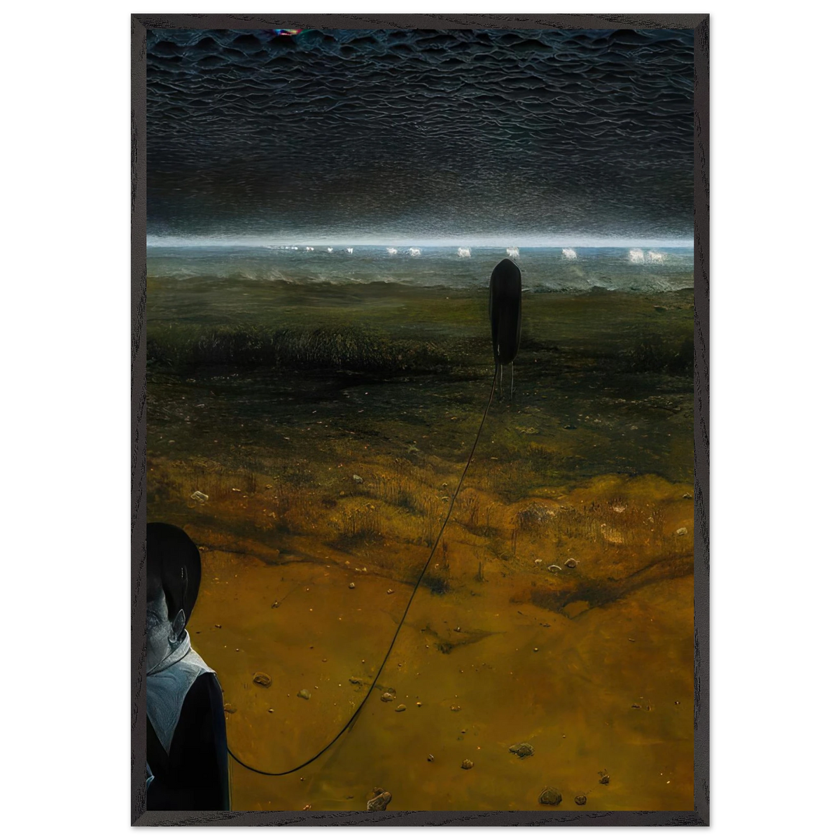 Zdzisław Beksiński Lonely Figure framed print featuring a solitary dark silhouette on a desolate landscape, a thin connecting line, and an immense black textured sky.