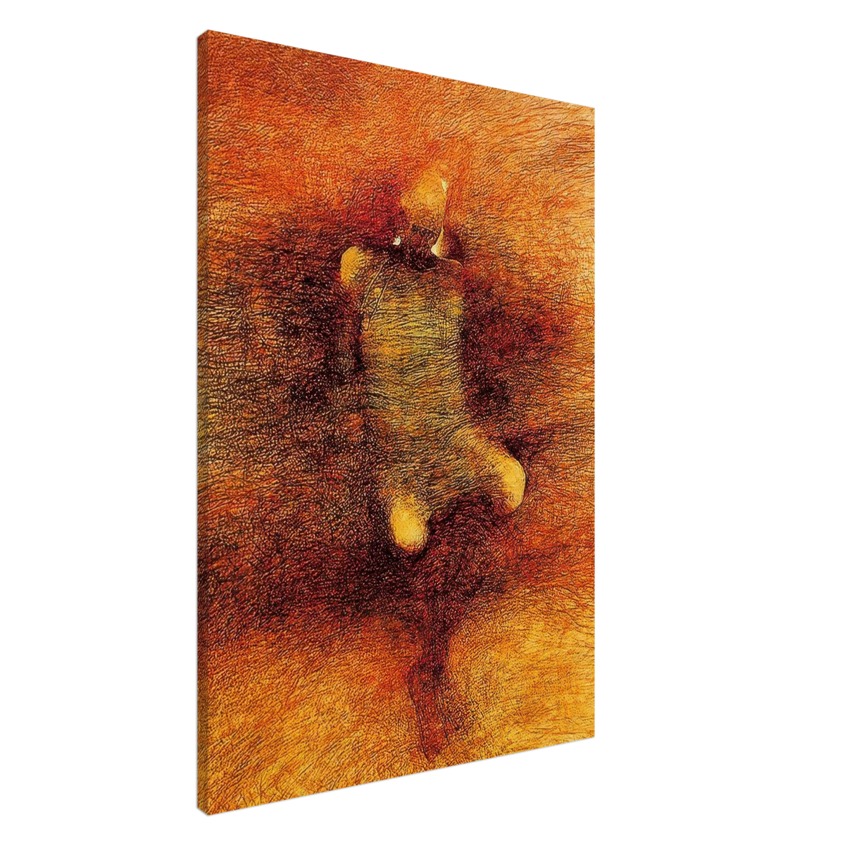 Zdzisław Beksiński Amber Abstraction canvas print depicting an unusual rounded organic form surrounded by fine crimson lines and richly textured golden-orange surreal patterns.

