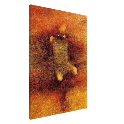 Zdzisław Beksiński Amber Abstraction canvas print depicting an unusual rounded organic form surrounded by fine crimson lines and richly textured golden-orange surreal patterns.
