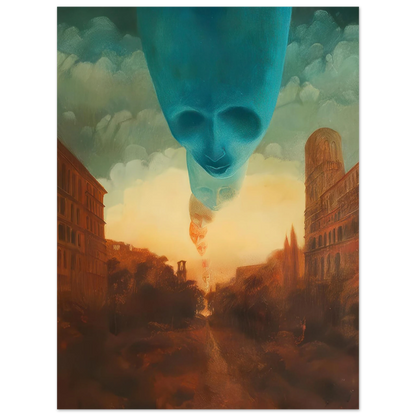 Zdzisław Beksiński Floating Faces poster featuring a giant turquoise face and smaller ghostlike faces descending above a mysterious reddish-brown cityscape.