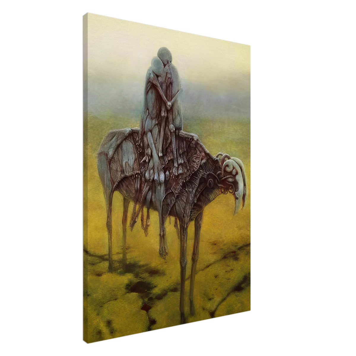 Zdzisław Beksiński Faceless Riders canvas print featuring two mysterious figures seated on a surreal skeletal horse-like creature in a desolate yellow and olive landscape.