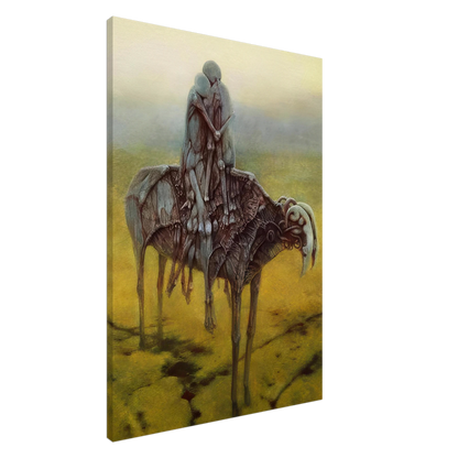 Zdzisław Beksiński Faceless Riders canvas print featuring two mysterious figures seated on a surreal skeletal horse-like creature in a desolate yellow and olive landscape.
