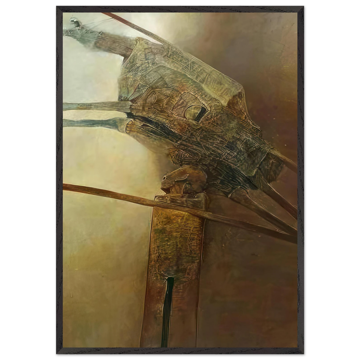 Zdzisław Beksiński Surreal Mechanical Artifact framed print featuring an elongated bronze biomechanical structure with intricate engravings and projecting rods against a muted sepia background.
