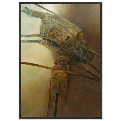 Zdzisław Beksiński Surreal Mechanical Artifact framed print featuring an elongated bronze biomechanical structure with intricate engravings and projecting rods against a muted sepia background.