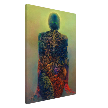 Zdzisław Beksiński surreal artwork depicting a faceless humanoid figure with intricate skeletal and organic textures in vivid blue, green, red, and orange tones.
