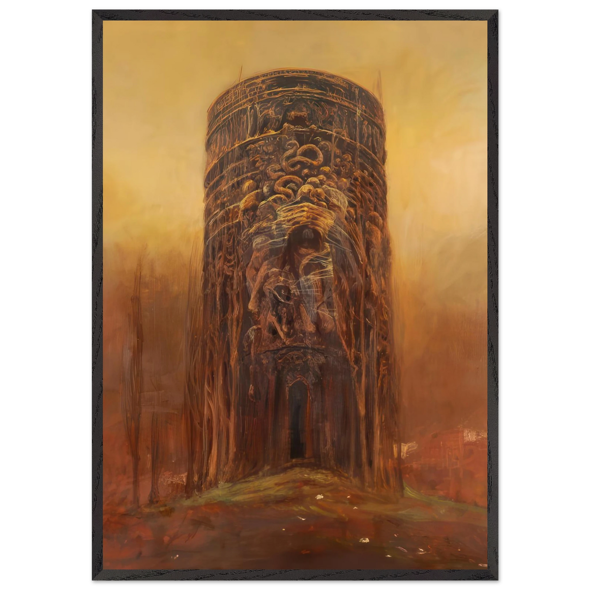 Zdzisław Beksiński Surreal Stone Tower framed print featuring a weathered cylindrical monument with distorted sculptural faces, a narrow dark doorway, and an amber sky.