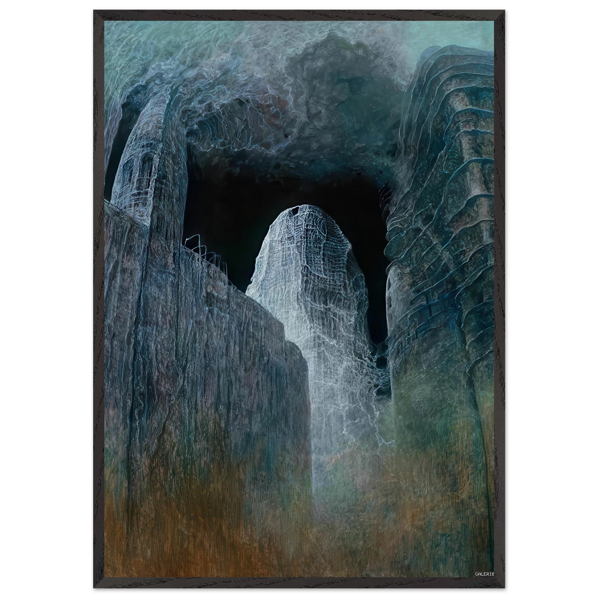 Zdzisław Beksiński Untitled Cathedral poster featuring towering surreal blue-green architecture surrounding a pale mysterious structure, printed on premium matte paper.