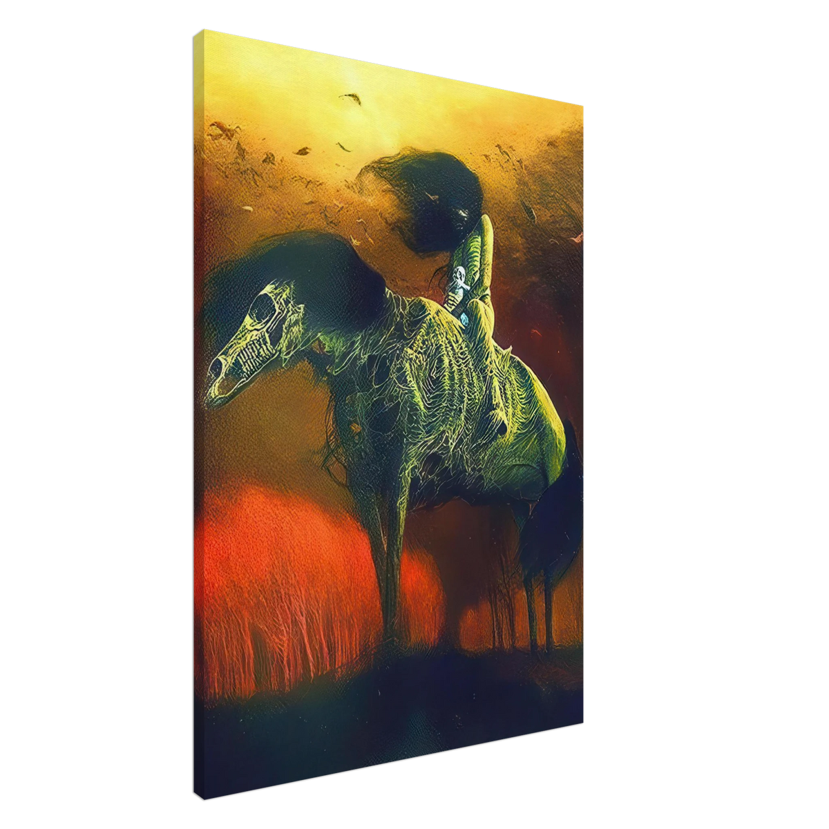 Zdzisław Beksiński dark fantasy painting of a mysterious skeletal animal with elongated legs and a skull-like head in a fiery surreal landscape.