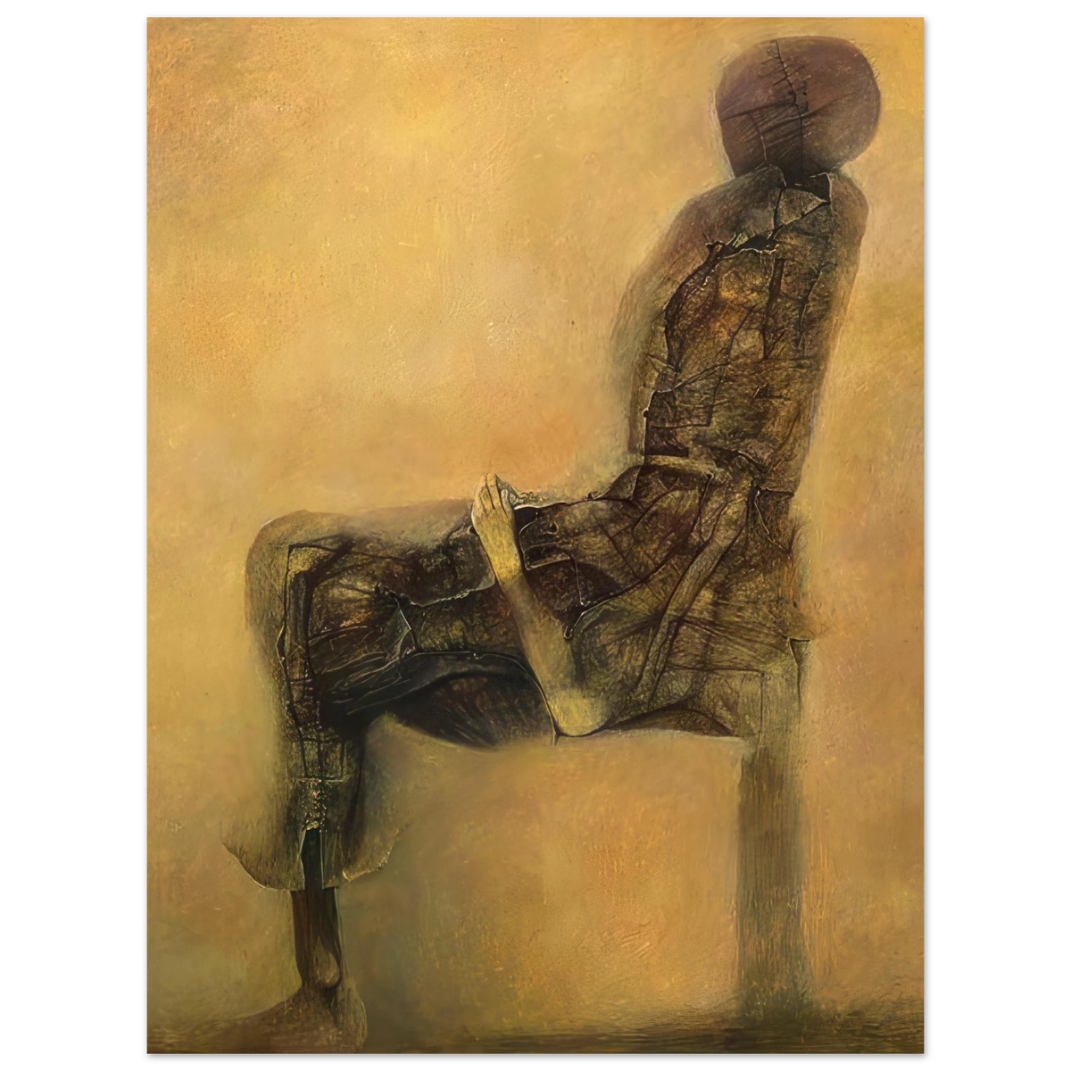 Zdzisław Beksiński Seated Figure poster depicting a faceless humanoid with a dark fragmented body sitting in profile against a warm golden-beige background.