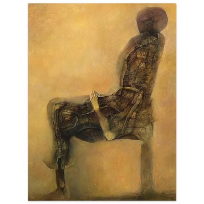Zdzisław Beksiński Seated Figure poster depicting a faceless humanoid with a dark fragmented body sitting in profile against a warm golden-beige background.