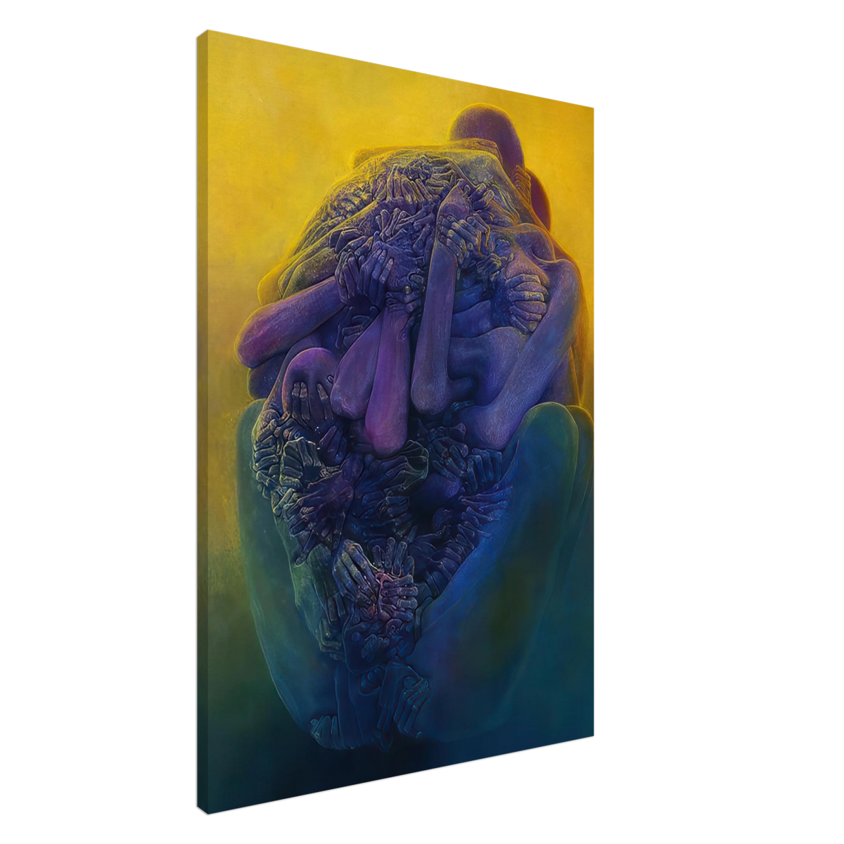 Zdzisław Beksiński Intertwined Bodies canvas print featuring a dense cluster of blue and violet figures with overlapping hands against a luminous yellow background.