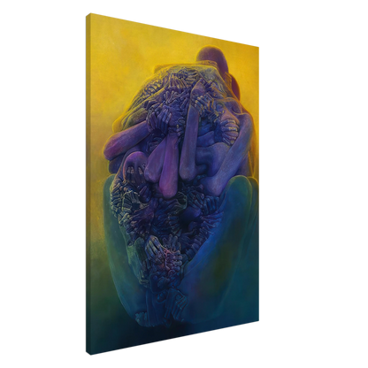 Zdzisław Beksiński Intertwined Bodies canvas print featuring a dense cluster of blue and violet figures with overlapping hands against a luminous yellow background.