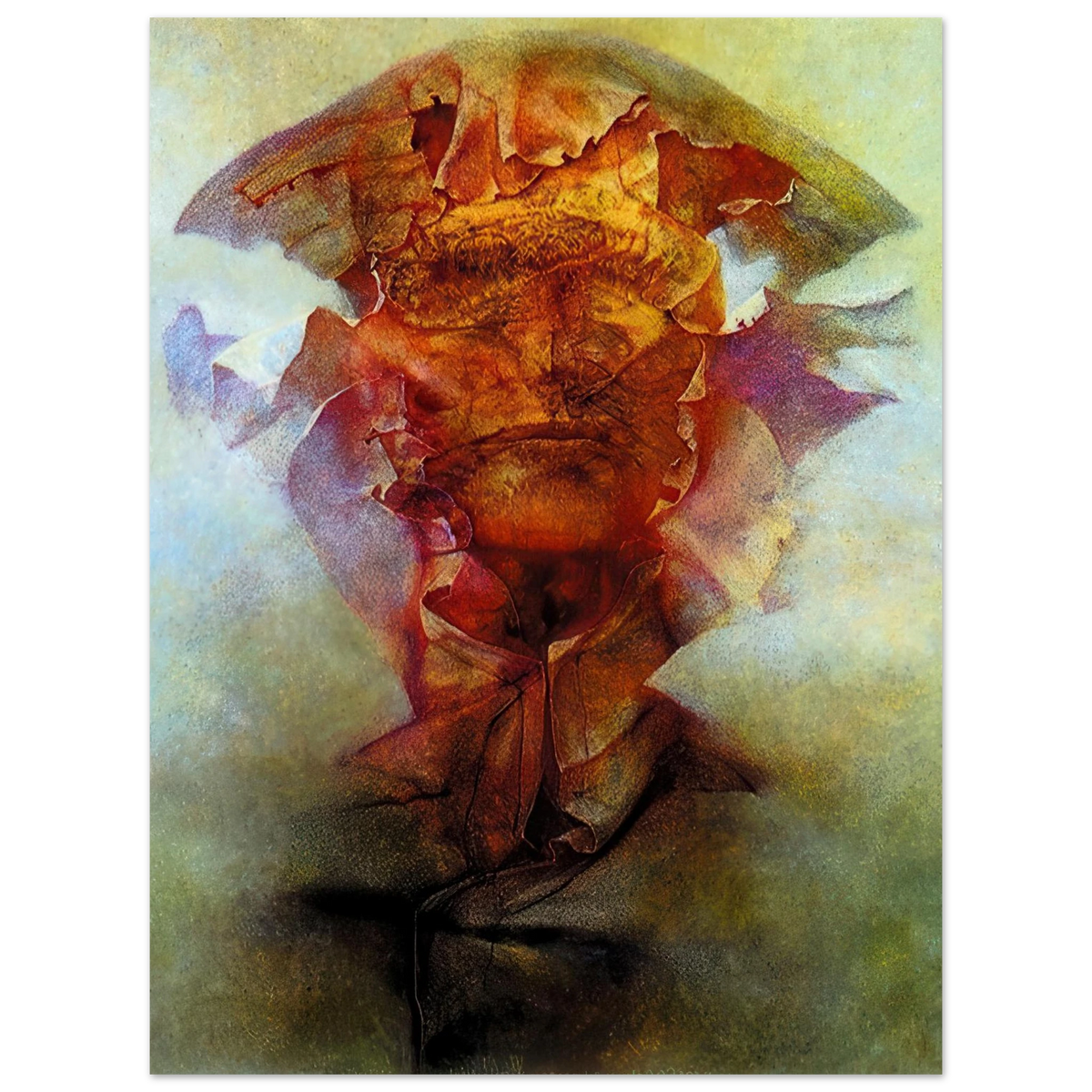 Zdzisław Beksiński Untitled abstract figure poster featuring a fragmented surreal form in fiery orange, red and violet tones against a smoky atmospheric background.