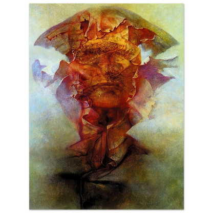 Zdzisław Beksiński Untitled abstract figure poster featuring a fragmented surreal form in fiery orange, red and violet tones against a smoky atmospheric background.