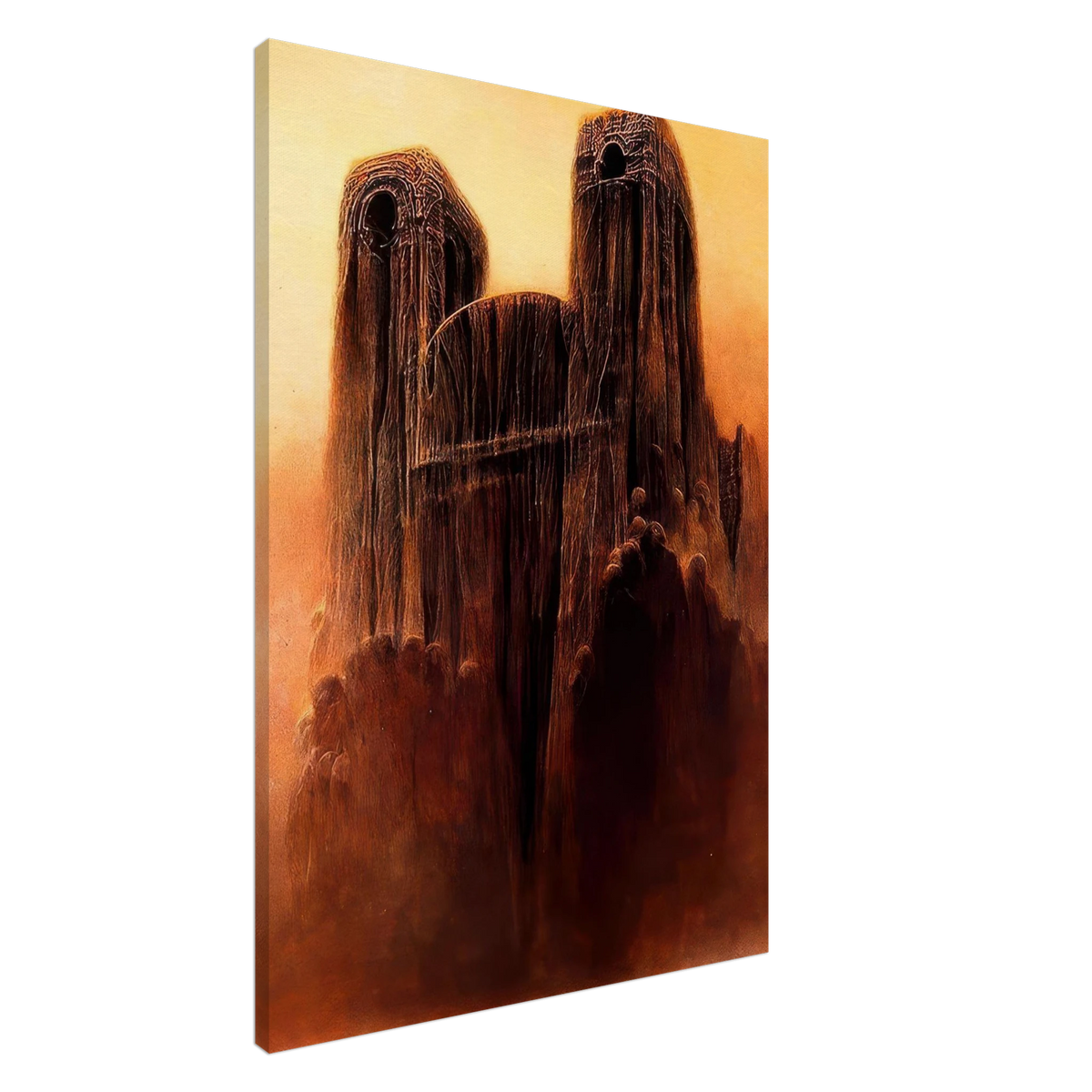 Zdzisław Beksiński canvas print featuring a monumental surreal cathedral with elongated weathered towers, intricate architectural textures, and shadowy figures emerging from a crimson apocalyptic landscape.
