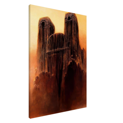 Zdzisław Beksiński canvas print featuring a monumental surreal cathedral with elongated weathered towers, intricate architectural textures, and shadowy figures emerging from a crimson apocalyptic landscape.