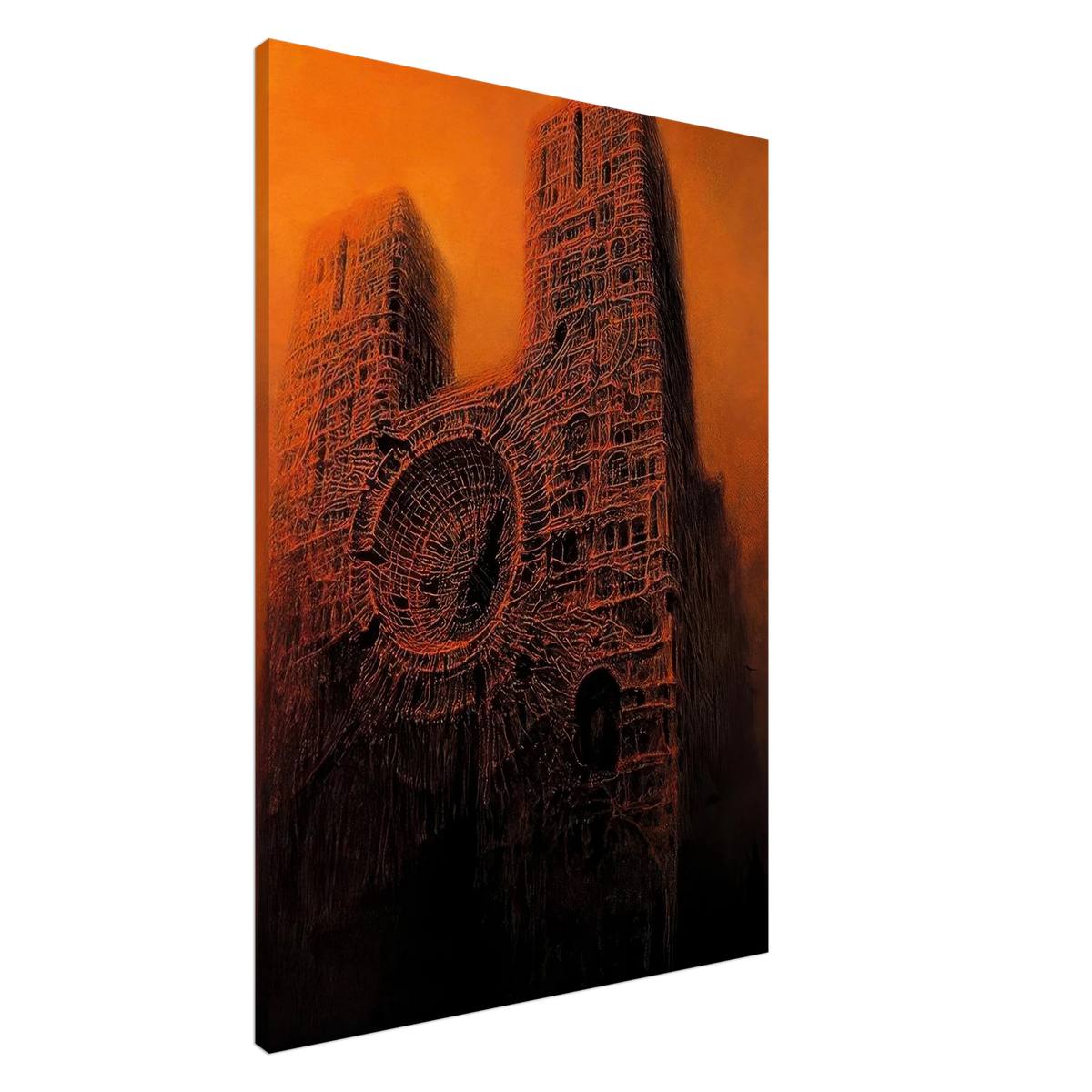 Zdzisław Beksiński Burning Cathedral canvas print showing monumental dark towers connected by a circular architectural form, with intricate glowing red lines beneath an orange sky.