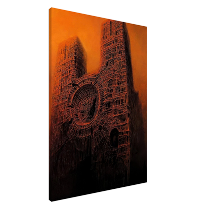 Zdzisław Beksiński Burning Cathedral canvas print showing monumental dark towers connected by a circular architectural form, with intricate glowing red lines beneath an orange sky.
