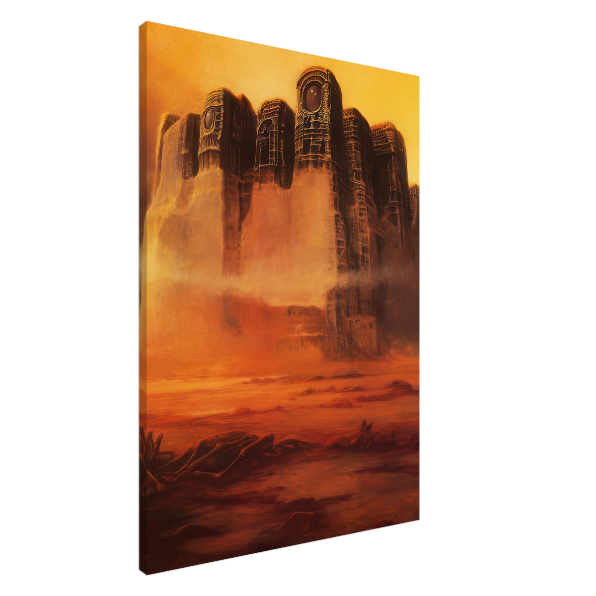 Zdzisław Beksiński canvas print featuring a mysterious futuristic citadel with massive weathered towers rising above a fiery red desert beneath a dramatic golden-yellow sky.
