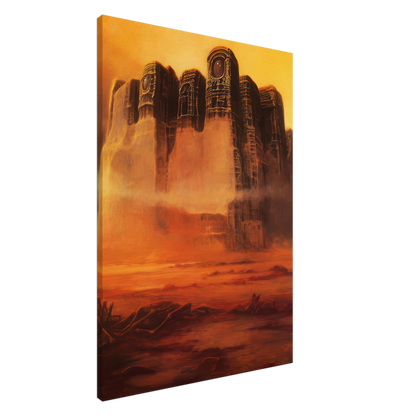 Zdzisław Beksiński canvas print featuring a mysterious futuristic citadel with massive weathered towers rising above a fiery red desert beneath a dramatic golden-yellow sky.