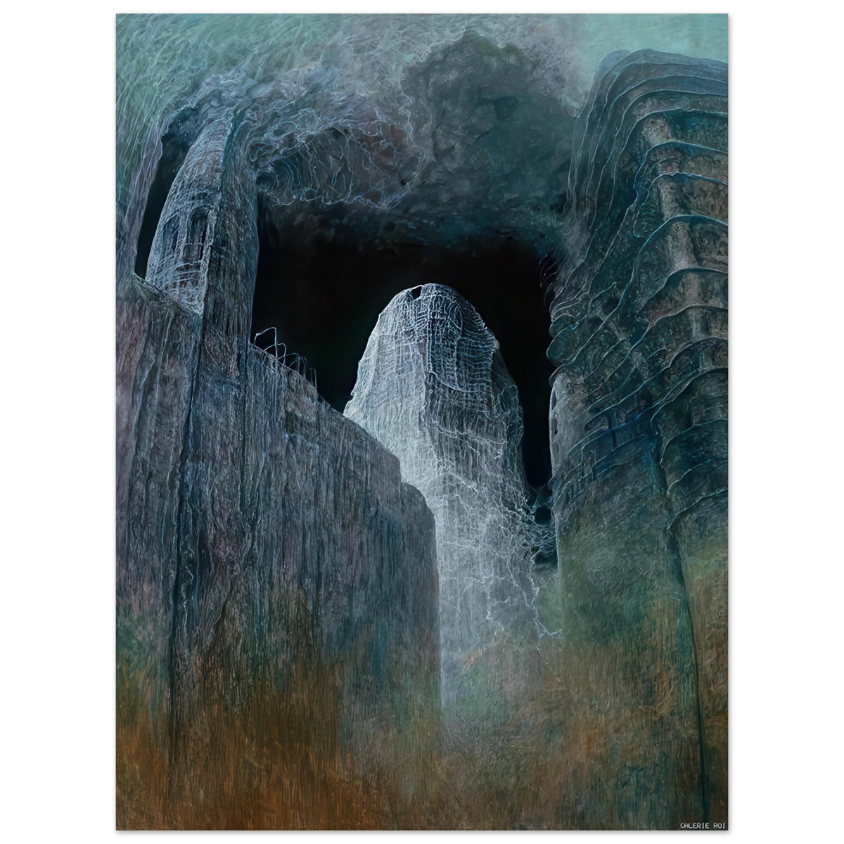 Zdzisław Beksiński Untitled Cathedral poster featuring towering surreal blue-green architecture surrounding a pale mysterious structure, printed on premium matte paper.