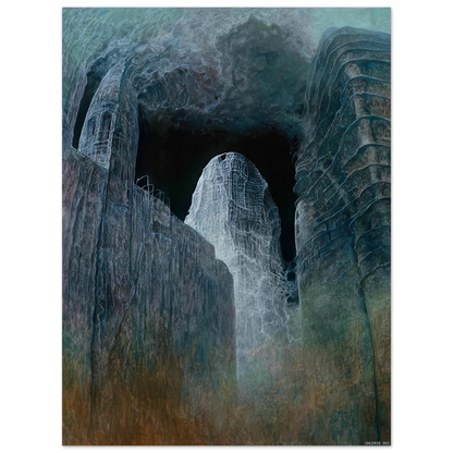 Zdzisław Beksiński Untitled Cathedral poster featuring towering surreal blue-green architecture surrounding a pale mysterious structure, printed on premium matte paper.