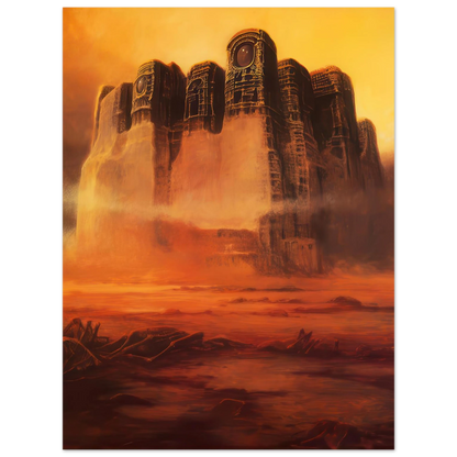 Zdzisław Beksiński poster depicting a monumental dark Gothic fortress with towering cylindrical structures, intricate architectural details, and glowing orange mist in an apocalyptic landscape.