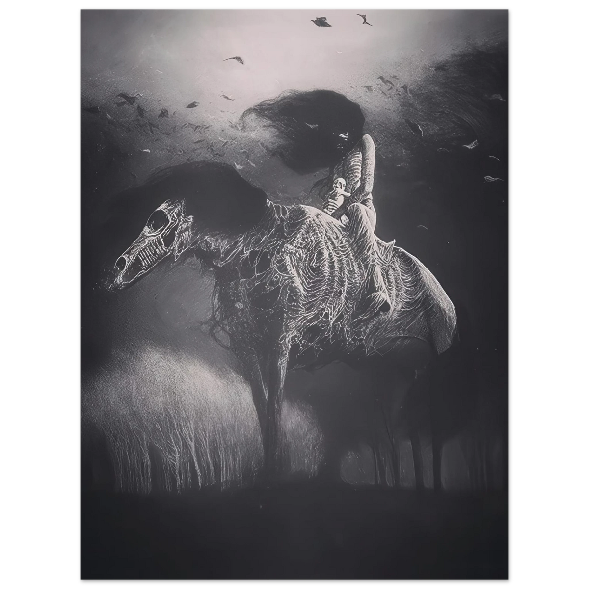 Zdzisław Beksiński artwork depicting a mysterious rider on a skeletal horse with intricate bone-like textures, surrounded by flying birds in a dark black-and-white surreal landscape.