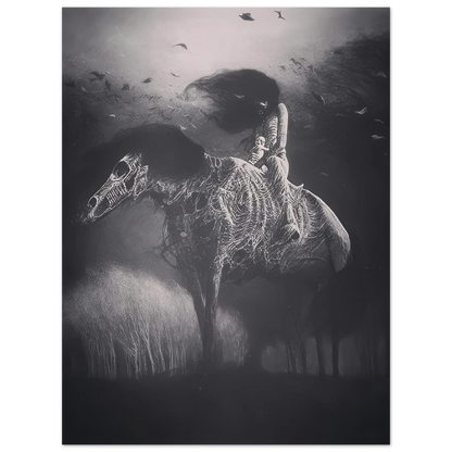Zdzisław Beksiński artwork depicting a mysterious rider on a skeletal horse with intricate bone-like textures, surrounded by flying birds in a dark black-and-white surreal landscape.