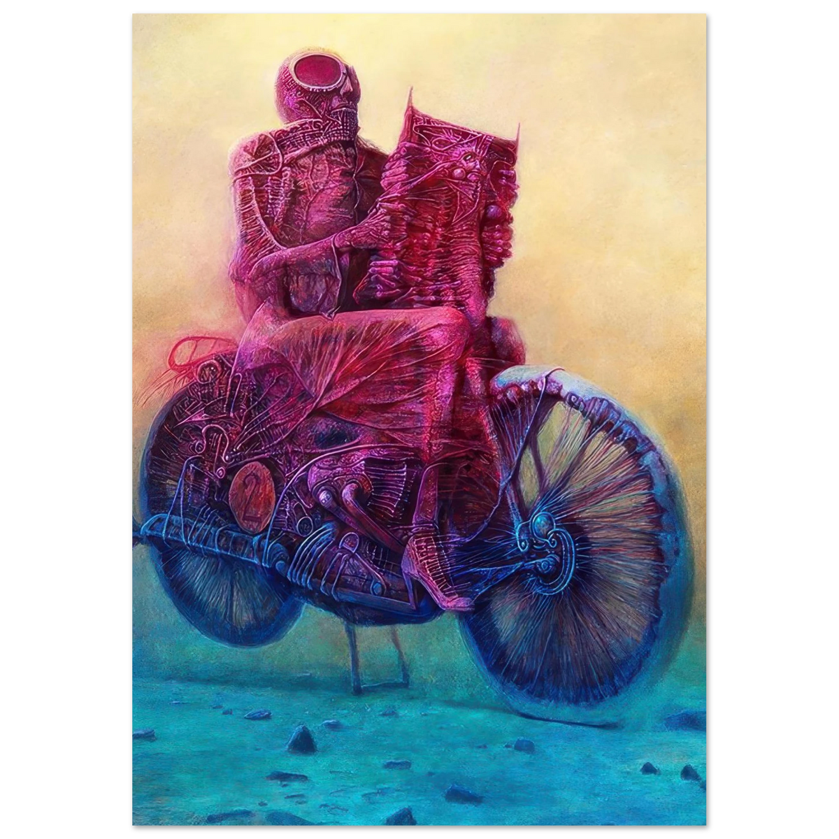 Zdzisław Beksiński surreal artwork depicting two biomechanical figures riding a futuristic motorcycle in vivid pink, blue, and turquoise tones.