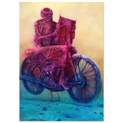 Zdzisław Beksiński surreal artwork depicting two biomechanical figures riding a futuristic motorcycle in vivid pink, blue, and turquoise tones.