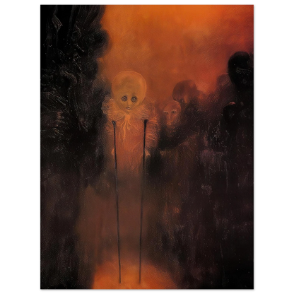 Zdzisław Beksiński Ghostly Figures poster depicting a pale wide-eyed humanoid surrounded by mysterious dark figures against a glowing orange-red surreal background.