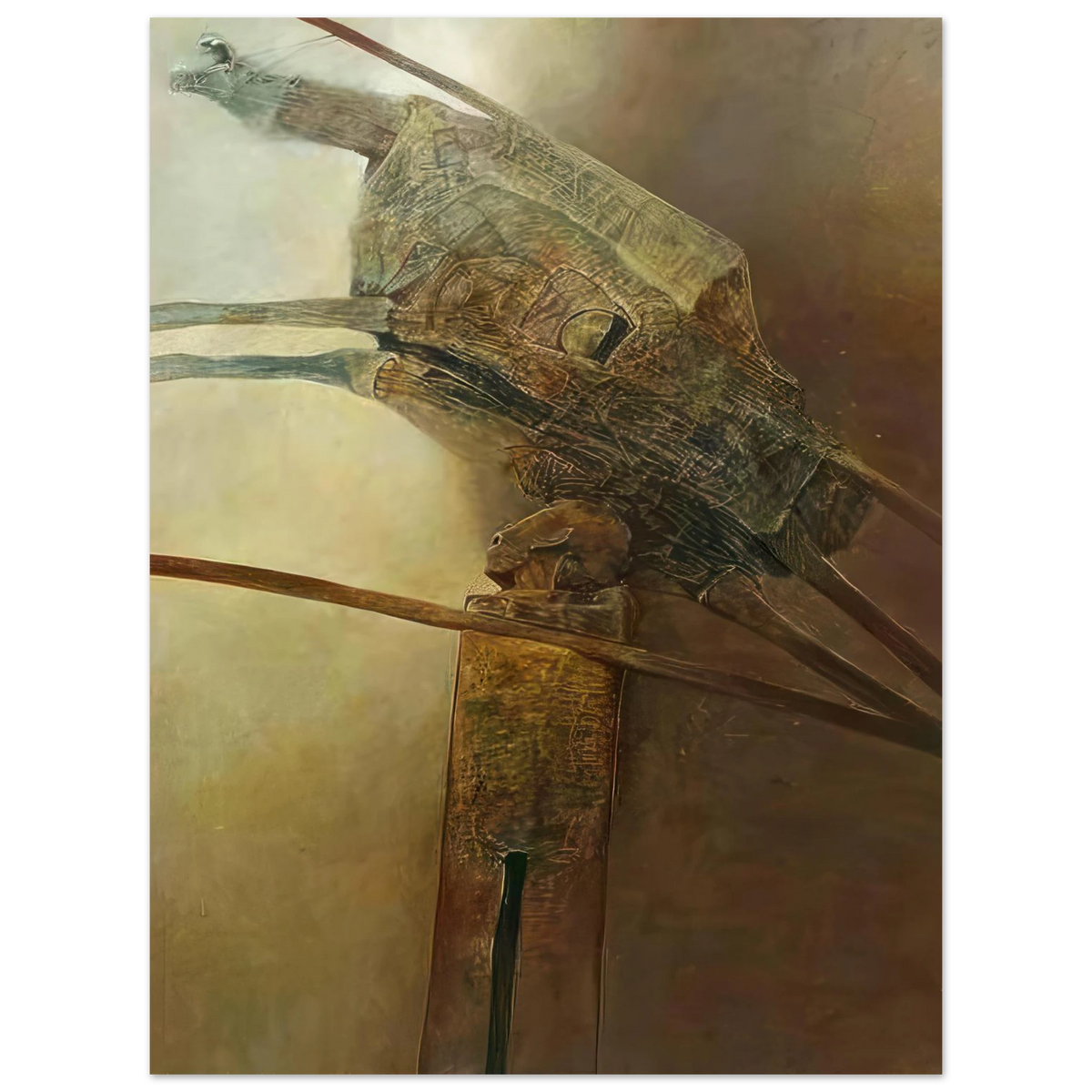 Zdzisław Beksiński Biomechanical Relic poster featuring an elongated mechanical creature-like structure with intricate engraved details in bronze, olive, and sepia tones.