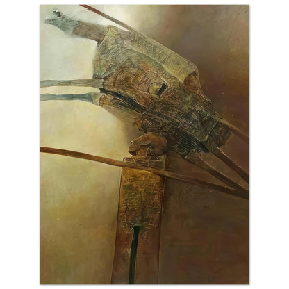 Zdzisław Beksiński Biomechanical Relic poster featuring an elongated mechanical creature-like structure with intricate engraved details in bronze, olive, and sepia tones.