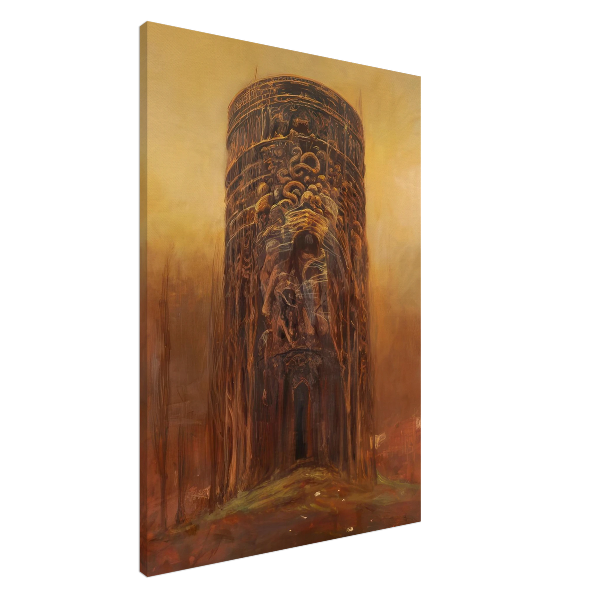 Zdzisław Beksiński Ancient Monument canvas print depicting a towering cylindrical structure with sculpted face-like forms and a dark doorway in a golden surreal landscape.
