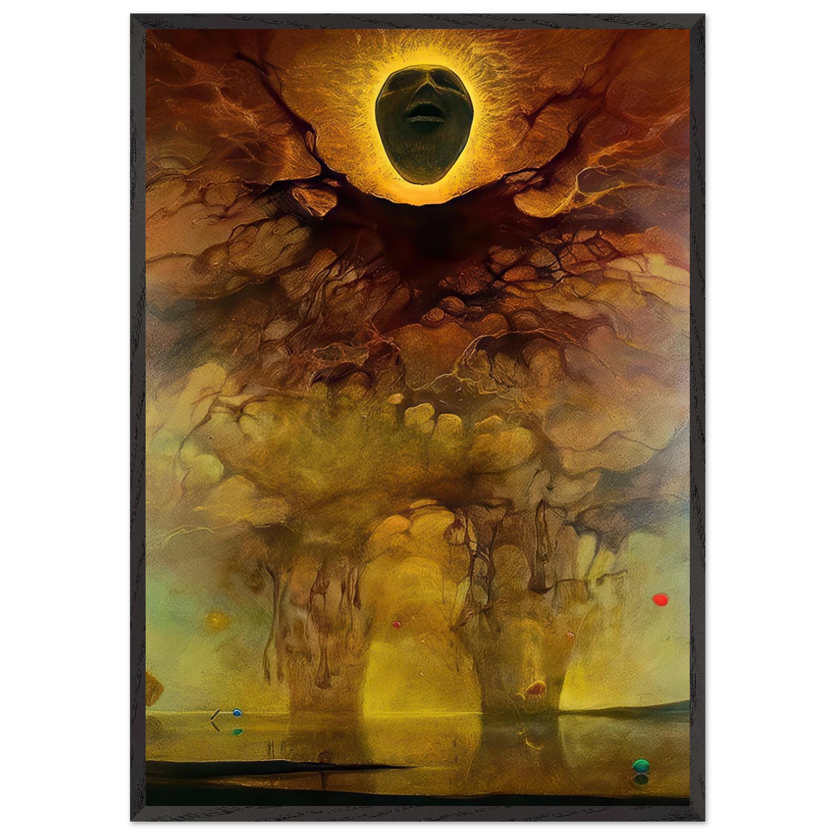 Zdzisław Beksiński Untitled surreal face poster featuring a dark floating face surrounded by a glowing golden halo above an abstract dreamlike landscape.