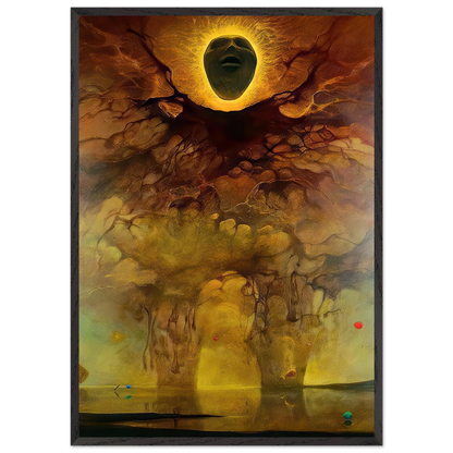Zdzisław Beksiński Untitled surreal face poster featuring a dark floating face surrounded by a glowing golden halo above an abstract dreamlike landscape.